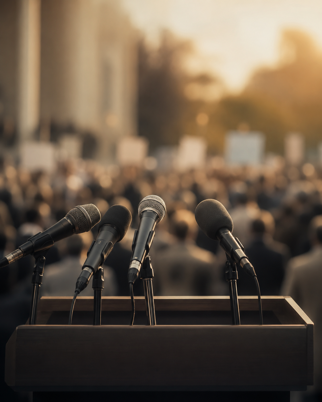 Microphones at a political campaign event illustrating election narratives and voter perception in India